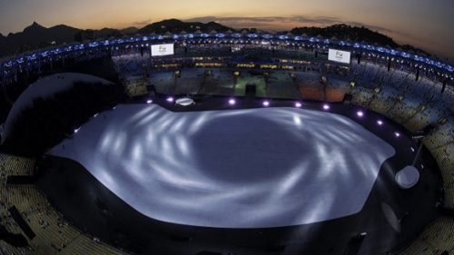 The floor at Maracana Stadium is lit before the opening ceremony at the 2016 Summer Olympics in Rio de Janeiro, Brazil, Friday, Aug. 5, 2016. (AP Photo/Morry Gash)